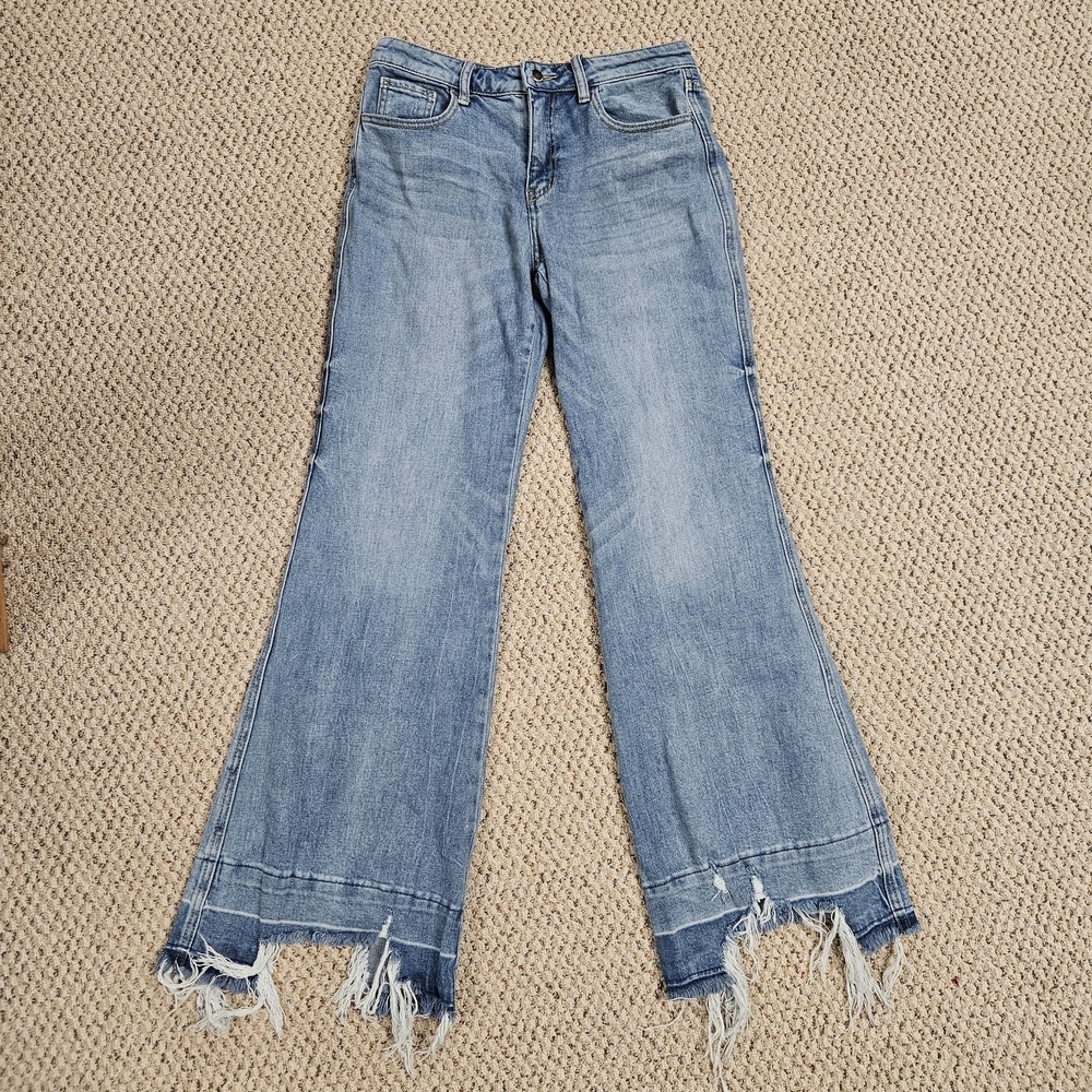 Flying Money Jeans Womens 28 High Rise Flare Leg Blue Raw‎ Hem Boho